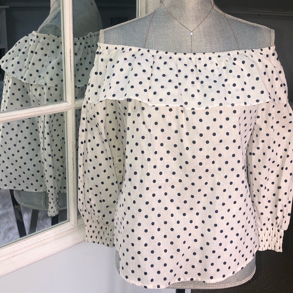 Zara Polka Dot Off-the-Shoulder Linen/Cotton Top
